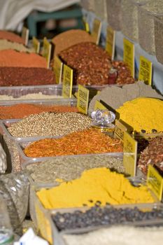 View of baskets full of various spices 