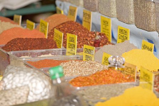 View of boxes full of various spices 