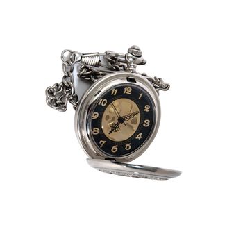 Photo of opened old vintage pocket watch against the white background