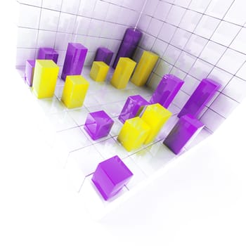 Abstract yellow and purple metallic cubes on a white