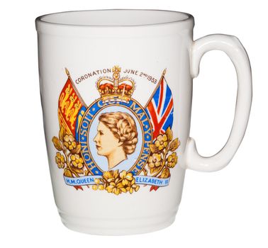 Old coronation cup with ornate painting from coronation of Queen Elizabeth
