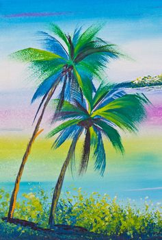 poster color drawing coconut tree and sea