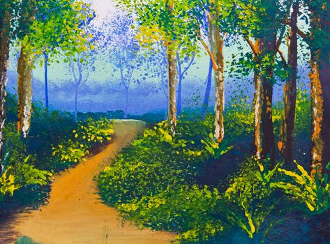 poster color drawing walk way in forest