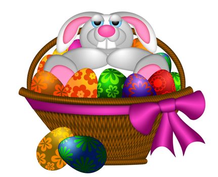 Cute Happy Easter Bunny Rabbit Laying Inside Basket of Colorful FLoral Pattern Eggs Illustration Isolated on White Background