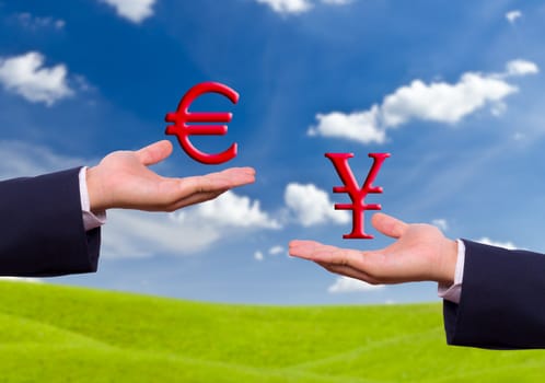 hand exchange euro and yen sign