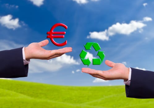 hand exchange euro and recycle sign