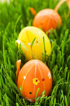 Colored Easter eggs are in green grass. Vertical view