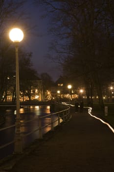 People walking in a park at night