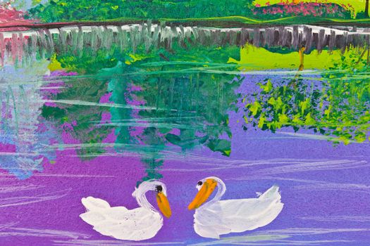 poster color drawing swan in water