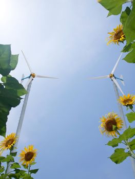 Windmill with sunflowers and pure fresh air