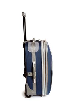 An image of a blue valise with on wheels