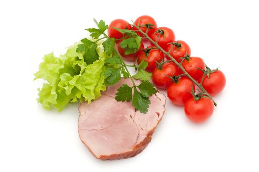 An image of a snack of meat, tomatoes and lettuce