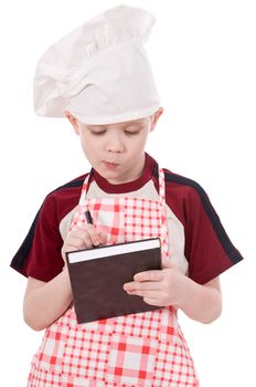 a pensive child chef isolated on white background