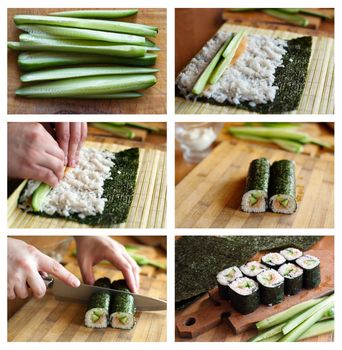 An image of a set of photos about cooking sushi