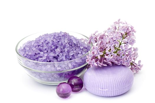 bath salt, oil pearls, soap and lilac flowers