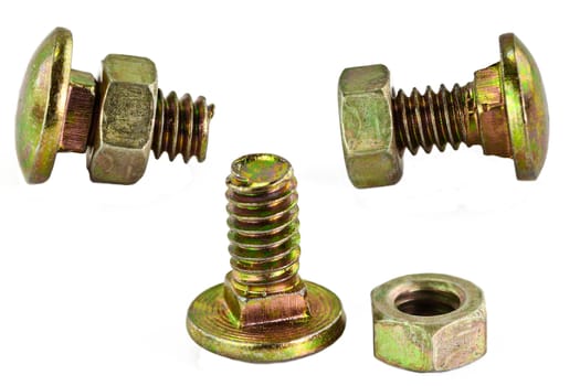 various views of the bolt and nut , Closeup isolated on a white background