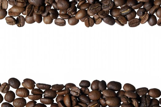 Frame on white background. Focus on coffee beans.