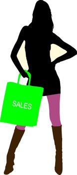 Sexy fashion-victim girl with shopping sales bag - isolated vector illustration