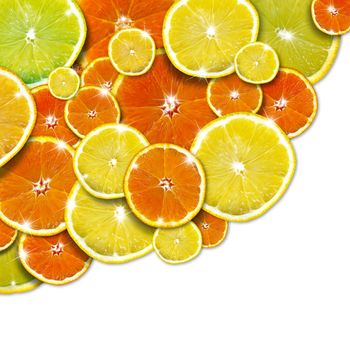 Background with slices of orange and lemon and reflections
