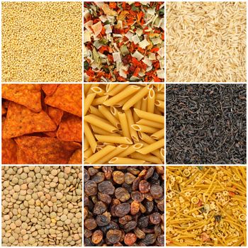 Food backgrounds. Rice, pasta, lentils, millet, dried vegetables, tea, noodles, chips, raisins.