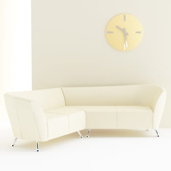 light yellow interior with sofa and clock on wall