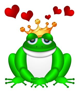 Cute Green Frog Prince with Crown Sitting Illustration Isolated on White Background with Flying Red Hearts