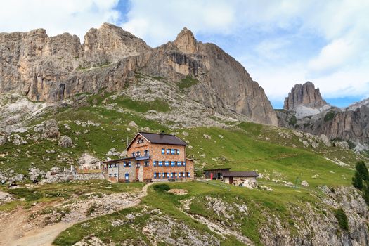 alpine hut beneath Catinaccio mountain, Italian Dolomites