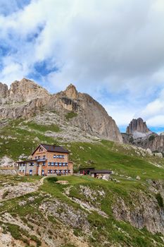 alpine hut beneath Catinaccio mountain, Italian Dolomites