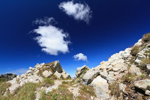 pathway on mountain ridge in San Pellegrino valley, Trentino, Italy
