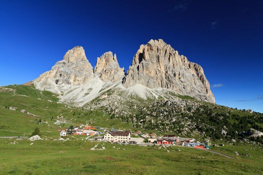 summer landscape of Sassolungo mount and Sella pass, Italian Dolomites