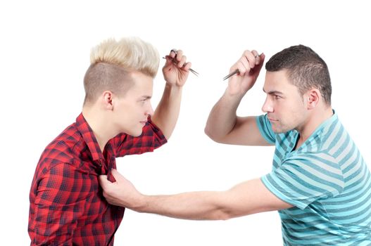 Two man fighting with scissors, isolated on white