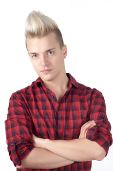 Young man with hands folded on white