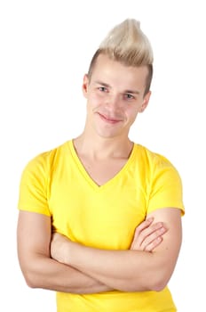 Young man with hands folded on white