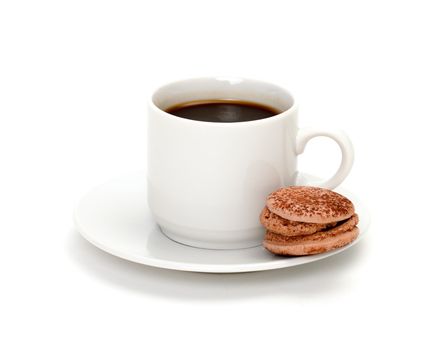 Colorful Macaroon and cup of coffee on white background