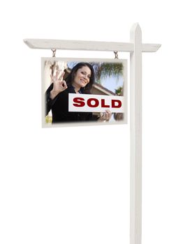 Isolated Real Estate Sign with Clipping Path - Hispanic Female Agent and Sold Sign.