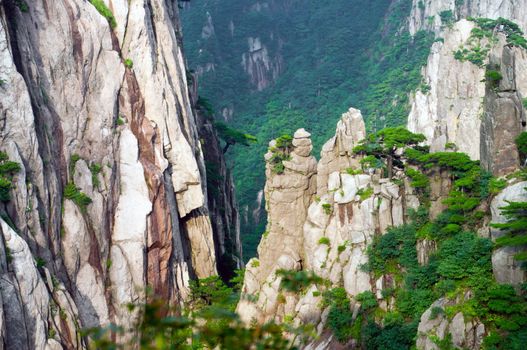 Scenic Huangshan mountain complex from atop a peak in China