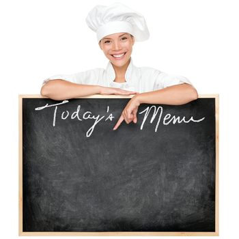 Menu sign. Restaurant chef showing menu blackboard sign written Today's Menu. Young woman cook or chef isolated on white background.