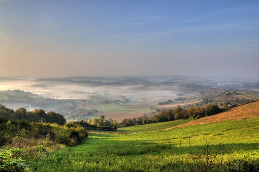Morning fog in green valley, Kalnik, Croatia