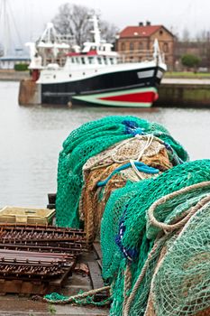 Fishing nets on the dock of the port of Honfleur - Normandy - France
