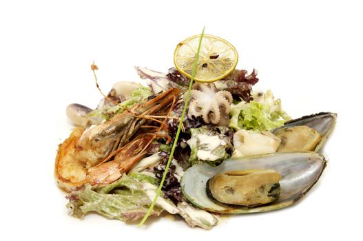 salad with shrimp and mussels on a white background