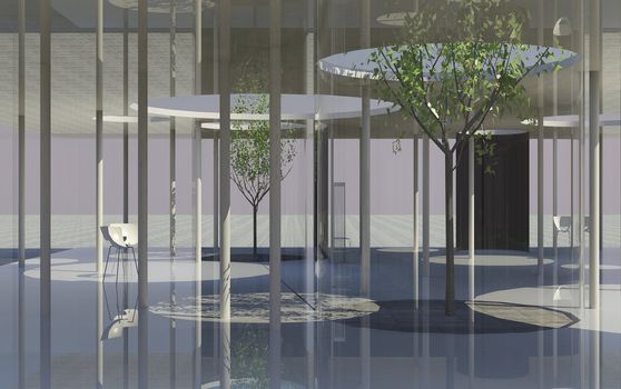 Interior of conceptual modern building with clear glass and column 