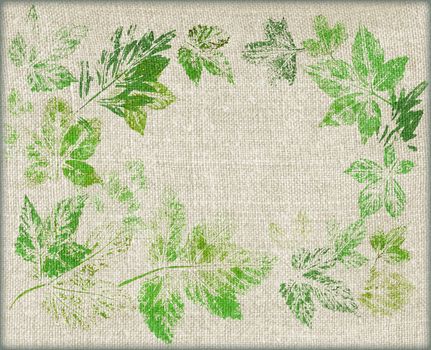 Abstract background, green painted leaves on a linen canvas