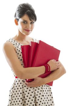 Young woman with retro style holding red books