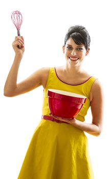 young woman with 60's inspired style, holding a red whisk in a red bowl