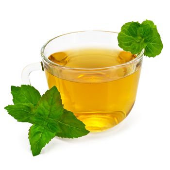 Herbal tea in a glass cup with two sprigs of mint isolated on white background