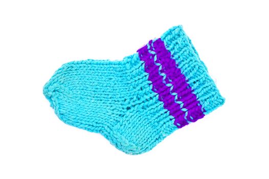 Knitted blue socks for baby isolated on white background