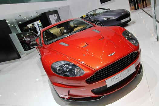 GENEVA - MARCH 16 : The Aston Martin DBS Coupe on display at the 82st International Motor Show Palexpo -Geneva on March 16; 2012 in Geneva, Switzerland.