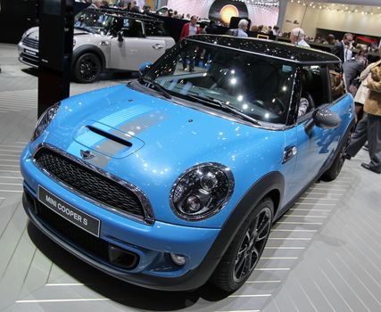 GENEVA - MARCH 16 : blue Mini Cooper S Bayswater on display at the 82st International Motor Show Palexpo -Geneva on March 16; 2012 in Geneva, Switzerland.