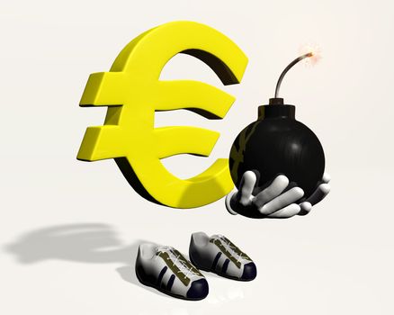 Euro symbol character that holds and shows a lit bomb in his hands