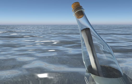 Closeup of a message in a bottle in the sea with some reflections on its surface and a blue sky in the background